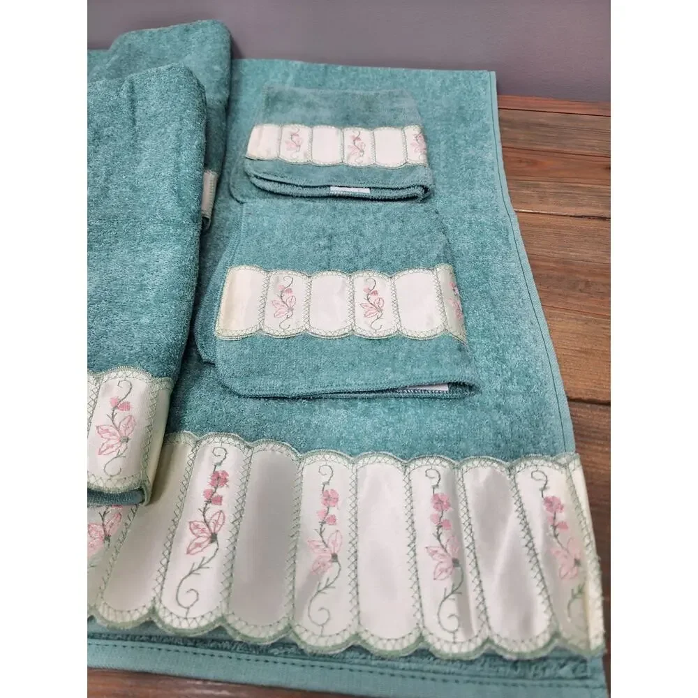 Vintage Towels Green With Cottage Lace Edge Farmhouse Country Set Of 6